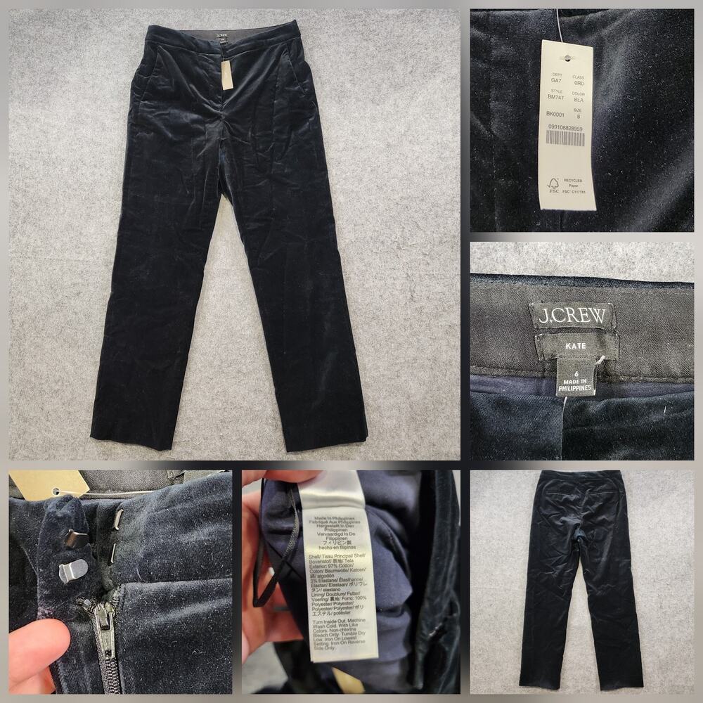 J Crew‎ Kate Pants Womens 6 Black Velvet Stretch Straight Leg NWT BM747 HO22